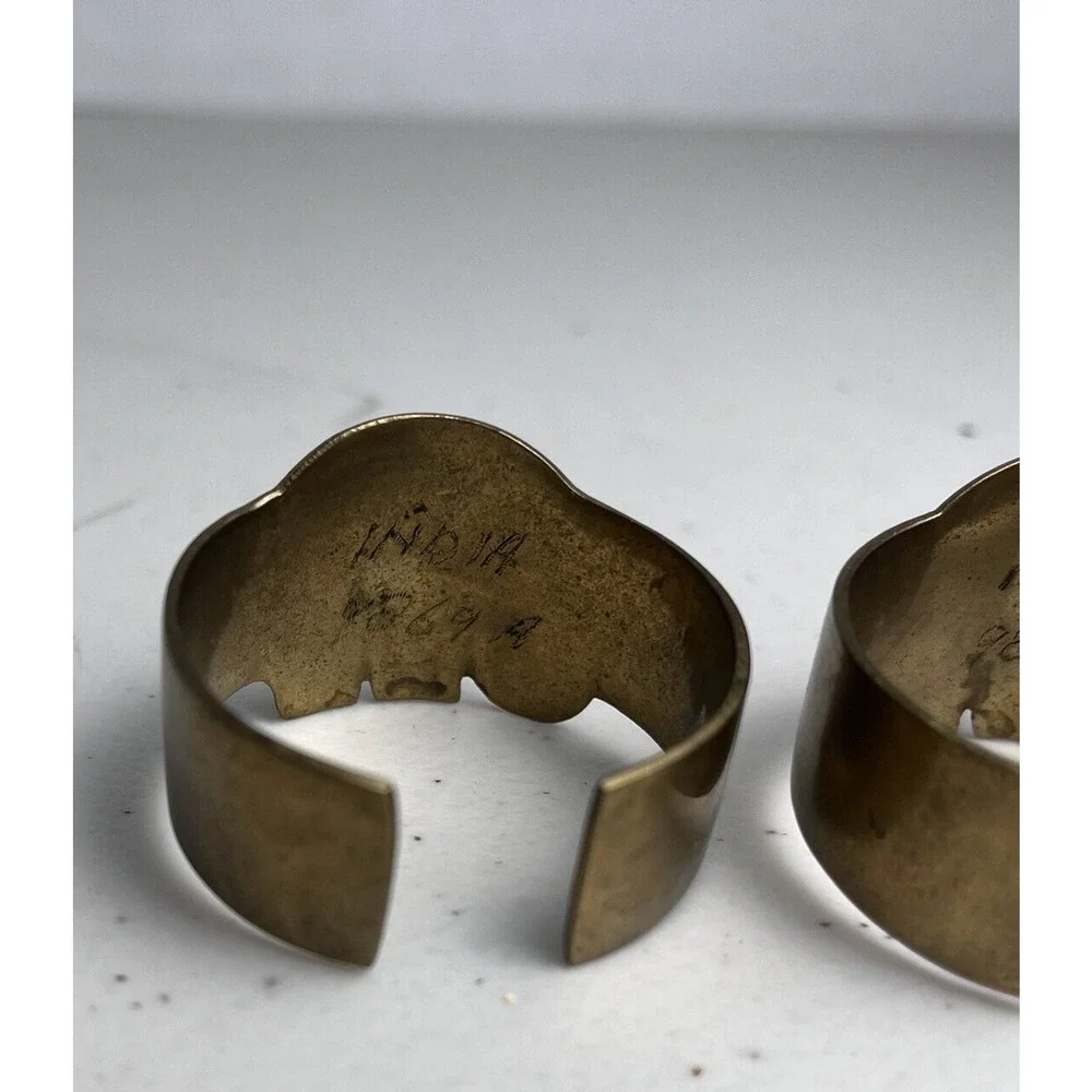 Vintage Brass Elephant Animal Napkin Rings Set Of 4 Marked India Gold Tone & Red